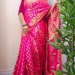 Tangail Tat Katan Saree Combo Set for Women - Saree  Churi Necklace Gazra Chocolate Mirror Etc