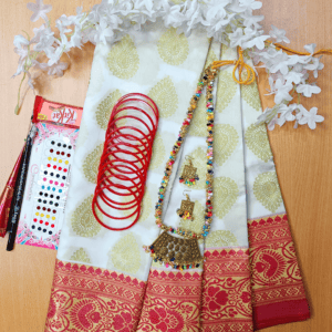 Katan Saree Combo Gift Pack - Premium Quality Saree Churi Antic Ornaments Chocolate Kazal Mehendi Tip Gajra Ful - The Perfect Gift Set