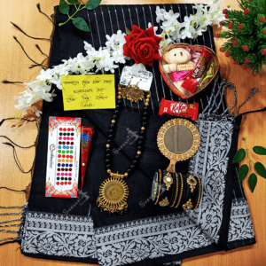 Saree Combo Gift Set - Which Contains Saree Necklace Earrings Bangles Mehedi Mirror Kitkat Tip Love Chocolate Box with Doll Rose Gazra Chirkut and More