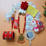 Saree Combo Gift Set - Which Contains Saree Necklace Earrings Bangles Mehedi Mirror Kitkat Tip Love Chocolate Box with Doll Rose Gazra Chirkut and More (Red)