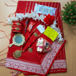 Saree Combo Gift Set - Which Contains Saree Necklace Earrings Bangles Mehedi Mirror Kitkat Tip Love Chocolate Box with Doll Rose Gazra Chirkut and More (Red)