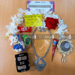Sari Combo Gift Set - Saree Necklace Earrings Bangles Mehedi Mirror Kitkat Tip Love Chocolate Box with Doll Rose Gazra Chirkut and More