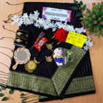 Saree Combo Gift Set - Which Contains Saree Necklace Earrings Bangles Mehedi Mirror Kitkat Tip Love Chocolate Box with Doll Rose Gazra Chirkut and More
