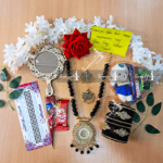 Saree Combo Gift Set - Which Contains Saree Necklace Earrings Bangles Mehedi Mirror Kitkat Tip Love Chocolate Box with Doll Rose Gazra Chirkut and More