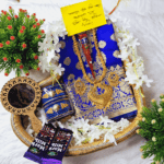 Tangail Tat Nil Katan Saree Combo Set for Women - Saree  Churi Necklace Gazra Chocolate Mirror Etc