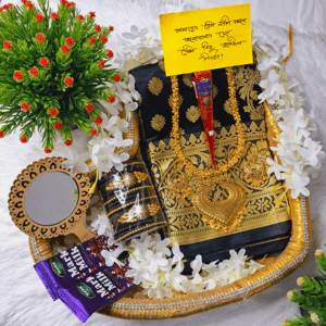 Tangail Tat Katan Saree Combo Set for Women - Saree Churi Necklace Gazra Chocolate Mirror Etc