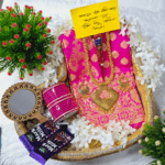 Tangail Tat Katan Saree Combo Set for Women - Saree  Churi Necklace Gazra Chocolate Mirror Etc