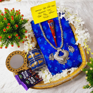 Nil Jamdani Saree Combo Set for Women - Saree Churi Necklace Gazra Chocolate Mehedi Chirkut Mirror Etc