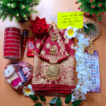Tangail Katan Saree Combo Gift Set- Sari Churi Necklace Earrings Mirror Chocolate Mehedi Tip Golap Love Chocolate Box etc