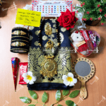 Exclusive Katan Saree Combo Gift Set - Which Contains  Which Contains Saree Necklace Earrings Bangles Mehedi Mirror Kitkat Tip Love Chocolate Box with Doll Rose Gazra Chirkut and More