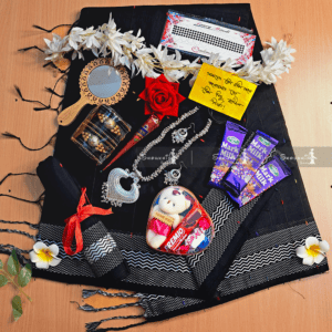 Saree Combo Gift Set with Bouse Pcs - Saree Blouse pcs Necklace Earrings Bangles Mehendi Mirror Kitkat Tip Love Chocolate Box with Doll Rose Gazra Chirkut and More