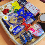 Exclusive Tangail Katan saree Combo Set with GIFT B O X - saree, blouse pcs, necklace, earings churi mirror chocolates golap, gazra mehedi etc